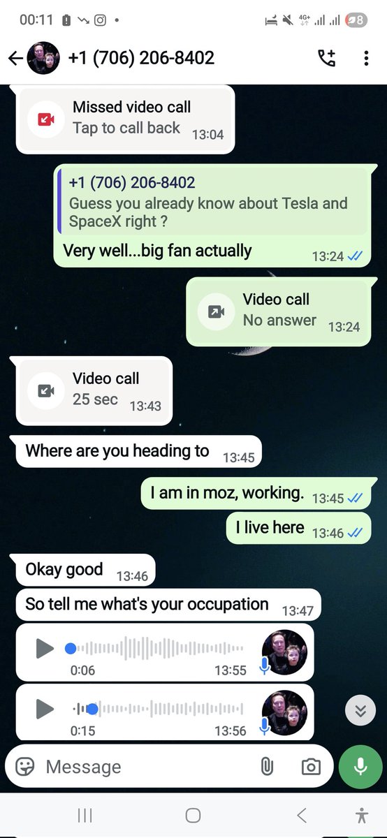 dommoz's tweet photo. @elonmusk @elonmusk got a message on tik tok, from someone with your name and your photo, interacted with the account owner, knowing that was a scam, gave my local whatsapp contact, guess what?received a video call and voice messges!! the only way to confirm is to ask you here! Is A I ?? https://t.co/hwRX1b1cyo