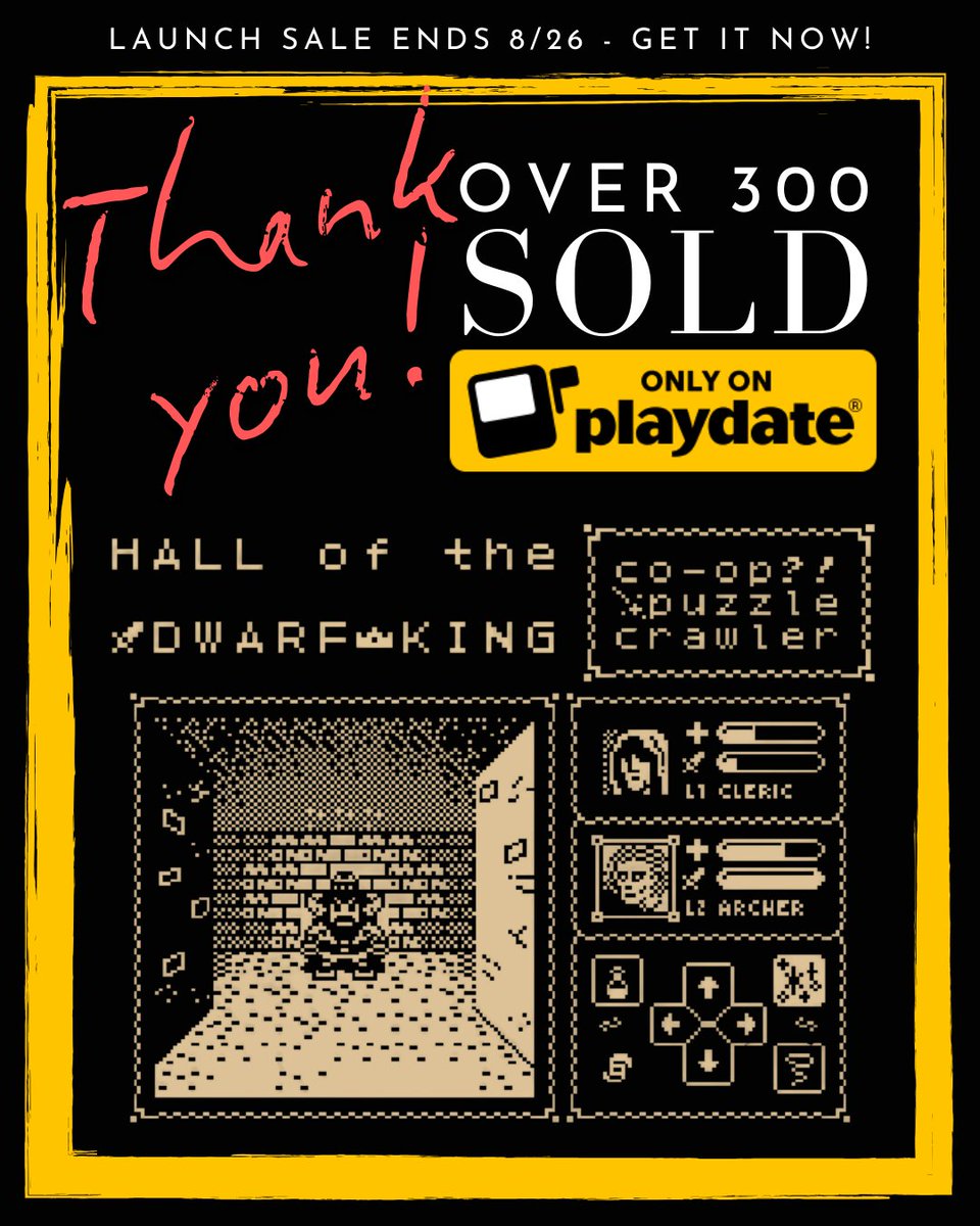 HALL of the DWARF KING is my Fastest-Selling game to date! It's on Launch Discount for a few more days. Get it now over on <a href="/playdate/">Playdate</a> Catalog and get your grinding, board-game, rogue-lite on! (also makes a great game for Games Night!)

play.date/games/hall-of-…