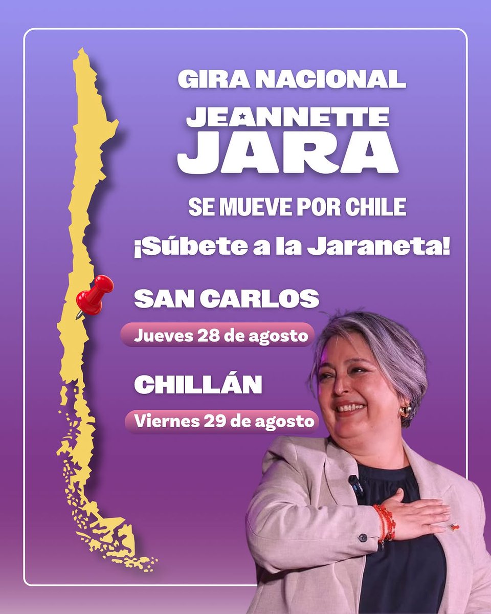 JaraNosUne #JaraEsChile (@jaranosune) on Twitter photo Atención, atención #SanCarlos #Chillan
Gira Nacional <a href="/jeannette_jara/">Jeannette Jara Román</a> se mueve por Chile.
#SubeteALaJaraneta
🗓️ 28 de agosto 📍 San Carlos
🗓️29 de Agosto 📍Chillán
<a href="/MarceTyS/">Marce_Tyrer ❤️💪🏽</a> <a href="/NinaGonzlezF/">Grecolatina 사랑</a> <a href="/VotoMemoria/">Voto Jara</a> <a href="/ElCheZOV/">Conciencia. Unidad. 60% 🍉</a> Atención, atención #SanCarlos #Chillan
Gira Nacional <a href="/jeannette_jara/">Jeannette Jara Román</a> se mueve por Chile.
#SubeteALaJaraneta
🗓️ 28 de agosto 📍 San Carlos
🗓️29 de Agosto 📍Chillán
<a href="/MarceTyS/">Marce_Tyrer ❤️💪🏽</a> <a href="/NinaGonzlezF/">Grecolatina 사랑</a> <a href="/VotoMemoria/">Voto Jara</a> <a href="/ElCheZOV/">Conciencia. Unidad. 60% 🍉</a>