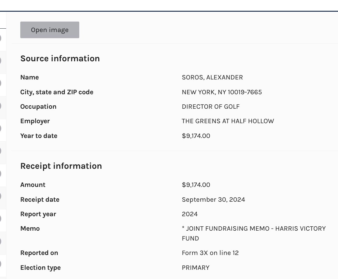 DataRepublican's tweet photo. Alex Soros seems to have quite a few recent donations under "Not Employed." This might not be as clear-cut as that USIP guy who was under regulations to not to donate in his role and declared himself unemployed. But I did find this one which is weird. I don't know if it is the same Alex Soros but they do share the same zip code.