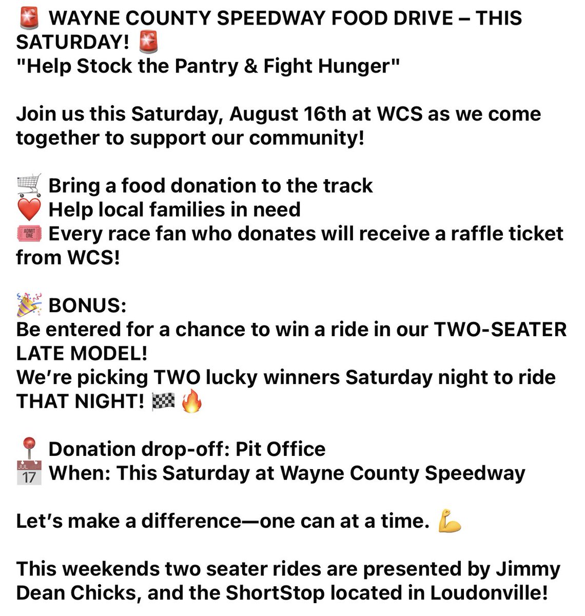 That’s right!  Here’s your chance!

Win a ride this Saturday!!

Donate to our WCS food drive for your chance!