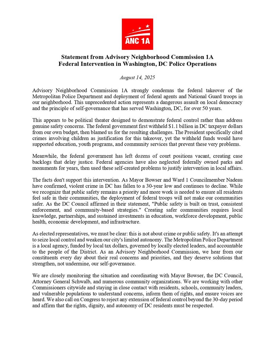 ANC1A's tweet photo. ANC 1A condemns the federal takeover of MPD &amp; deployment of federal agents in Columbia Heights. This unprecedented assault on local democracy threatens self-governance for all communities. We're coordinating with city leaders on responses. Full statement: https://t.co/C1n5ij7rH5 https://t.co/XO2HwY6Ull