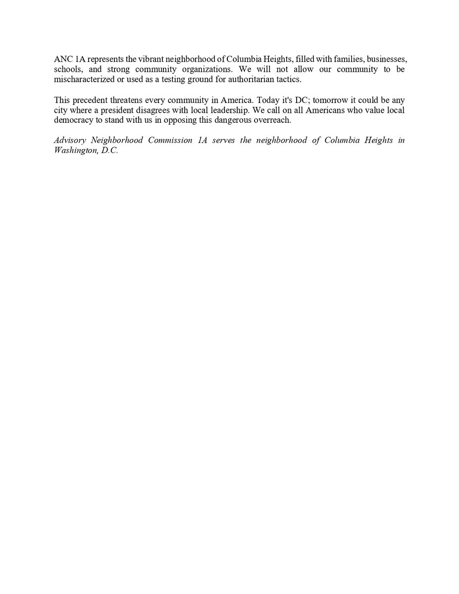 ANC1A's tweet photo. ANC 1A condemns the federal takeover of MPD &amp; deployment of federal agents in Columbia Heights. This unprecedented assault on local democracy threatens self-governance for all communities. We're coordinating with city leaders on responses. Full statement: https://t.co/C1n5ij7rH5 https://t.co/XO2HwY6Ull