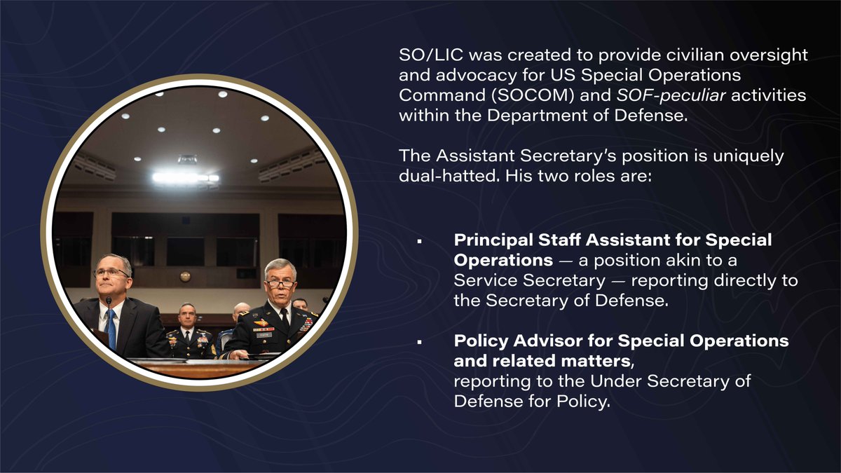 ASW_SOLIC's tweet photo. Q: “What is SO/LIC?”
A: a unique, dual-hatted org that oversees the #SOF Enterprise & addresses global security challenges with precision and agility. Stay tuned every Thursday to learn more about #SOLIC, #Defense, and #IW. https://t.co/vpYepMx8Tt