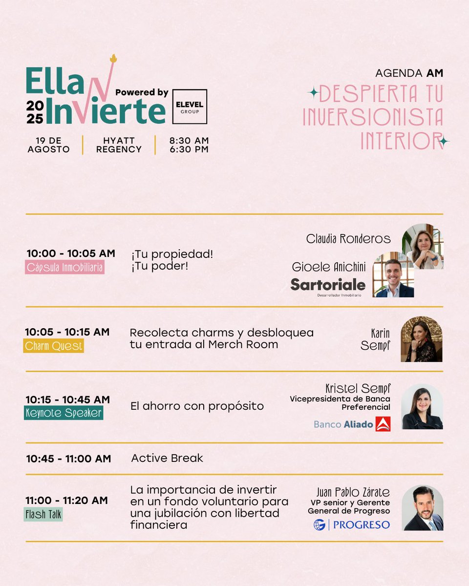 EllaInvierte's tweet photo. Conoce la agenda de Ella Invierte Summit 2025.

Adquiere tus entradas en:🎟️https://t.co/3h7ES6Mqbk
🗓️ Martes 19 de agosto de 2025
🕗8:30am – 6:30pm
📍 Hotel Hyatt Regency

¡No te quedes fuera de este movimiento!
#EllaInvierte2025 #Panama #EducacionFinanciera #LibertadFinanciera https://t.co/chNyQdSEfB