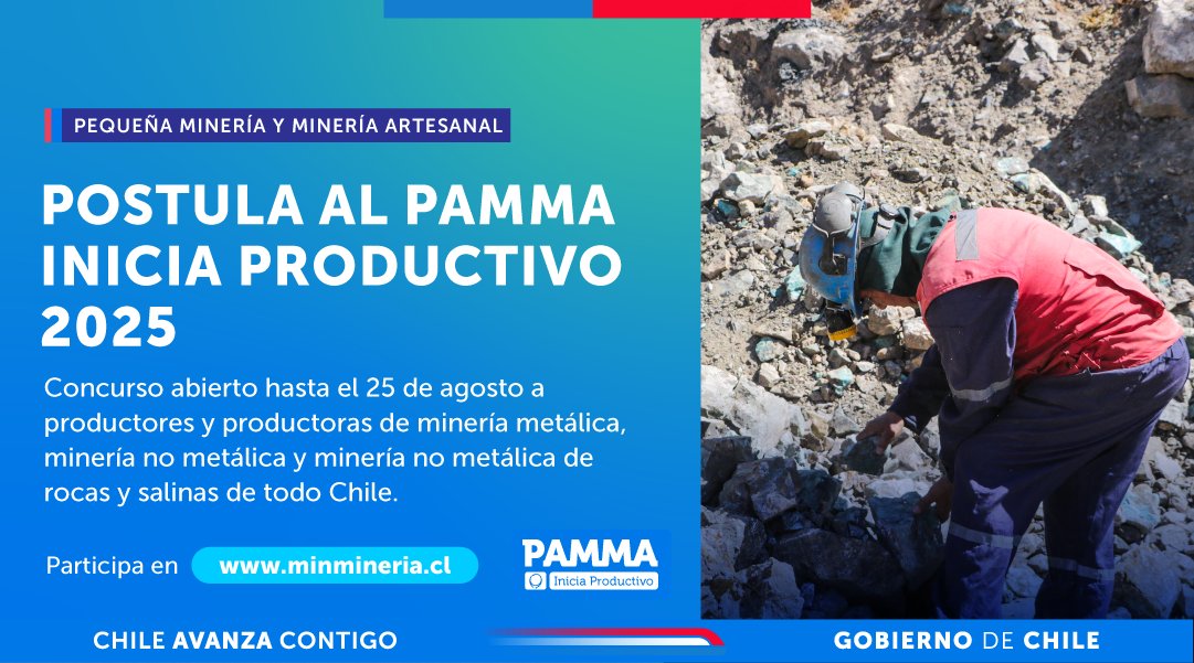 ¡Ya puedes postular al #PAMMAIniciaProductivo 2025! 👷🏽‍♀️👷🏽‍♂️ Si eres parte de la pequeña minería o minería artesanal, esta es tu oportunidad de impulsar tu productividad en faenas metálicas y no metálicas de baja escala.

⛏️ El concurso financia labores equivalentes a 24 metros,
