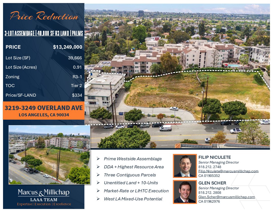 ***PRICE REDUCTION***

Co-Listed With The Zacuto Group
 
Palms Development Opportunity
40,000 SqFt Lot (0.91 Acres)
Zoned R3-1 | TOC Tier 2

Difficult Development Area (DDA)
and Highest Resource Area

3-Lot Unentitled Assemblage:
2 Vacant Lots &amp; 1 Lot with 10-Units