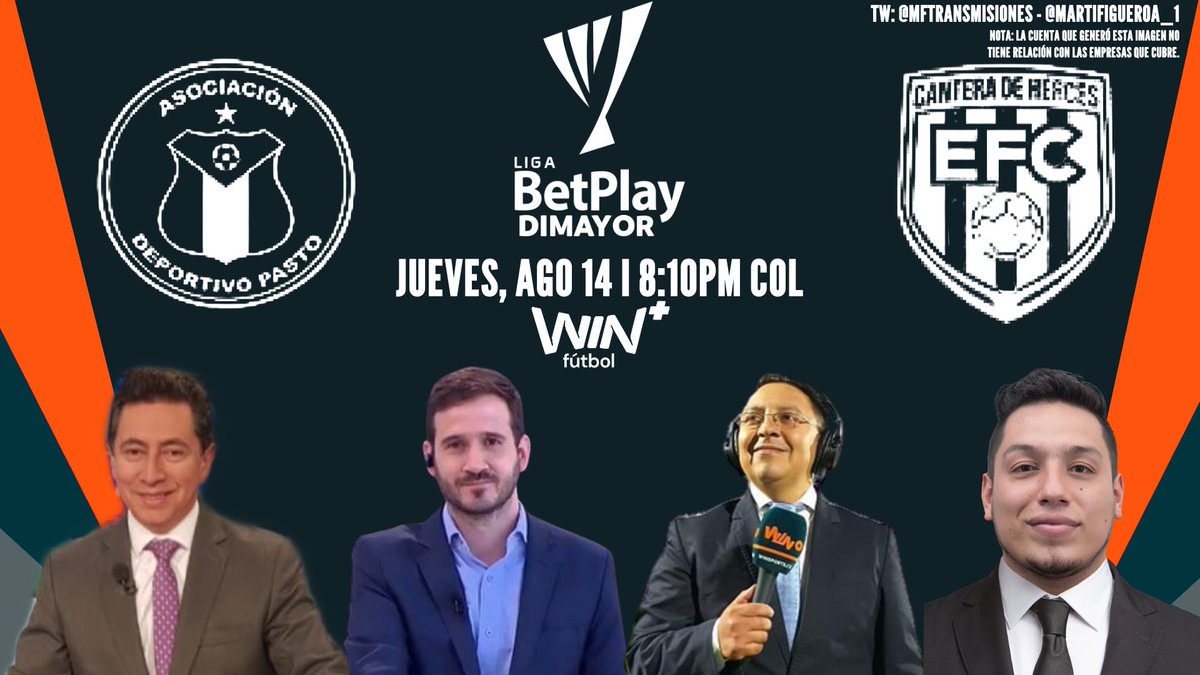 Martín Figueroa - Transmisiones (@mftransmisiones) on Twitter photo 🇨🇴 <a href="/LigaBetPlayD/">LigaBetPlayDimayor</a> 2025-II - Fecha 5
<a href="/DeporPasto/">Asociación Deportivo Pasto</a> 🌋 - <a href="/EnvigadoFC/">Envigado Fútbol Club</a> 🧡💚
Relator: <a href="/pazosnarrador/">antonio pazos</a>
Comentarista: <a href="/riosgonzalezp/">Pablo Ríos González</a>
Campo de Juego: <a href="/germanandrespaz/">Germán Andrés Paz</a> y <a href="/SebasHurtado93/">Sebastián Hurtado</a>
📺: <a href="/WinSportsTV/">Win Sports</a> + Futbol
📱 ¡Síguenos! 🇨🇴 <a href="/LigaBetPlayD/">LigaBetPlayDimayor</a> 2025-II - Fecha 5
<a href="/DeporPasto/">Asociación Deportivo Pasto</a> 🌋 - <a href="/EnvigadoFC/">Envigado Fútbol Club</a> 🧡💚
Relator: <a href="/pazosnarrador/">antonio pazos</a>
Comentarista: <a href="/riosgonzalezp/">Pablo Ríos González</a>
Campo de Juego: <a href="/germanandrespaz/">Germán Andrés Paz</a> y <a href="/SebasHurtado93/">Sebastián Hurtado</a>
📺: <a href="/WinSportsTV/">Win Sports</a> + Futbol
📱 ¡Síguenos!