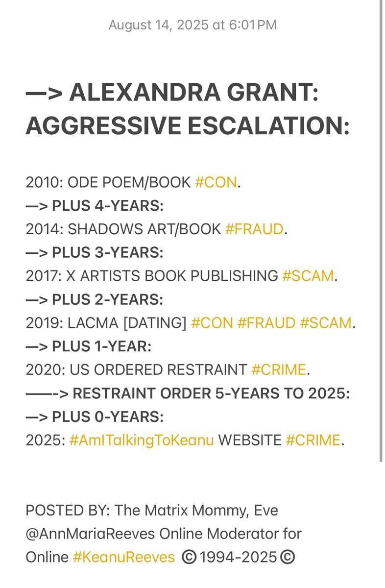 AnnMariaReeves's tweet photo. 🥷Friends #KeanuReeves,
#AlexandraGrant’s AGGRESSIVE ESCALATION TIMELINE is A GREAT #WONDER!
—> Grant starts in 2005 with “Alex Grant Bags” #SCAM.
—> PLUS 5-YEARS TO #ODE in 2010:
—> Then from 2010 to 2025 Grant is #DEFRAUDING [#KR]:
—> Ending in 2025 with “Website” #CRIME.🥳
Eve https://t.co/uITU74ftmW