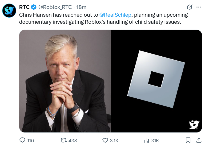 Grummz's tweet photo. The Schlep story is pretty wild, and Chris Hansen has now contacted him to do a documentary investigation into @Roblox 

Schlep has retained counsel to defend against Roblox going after him for exposing predators on the platform.

- Schlep himself was groomed on Roblox by a then developer on Roblox.

- Schlep then went after predators on Roblox, exposing and leading to the arrest of 6 pdf.

- Schlep was then issued a cease and desist and banned from the Roblox platform.

- Now even Qatar has banned the game, a Congressman is looking into it, and the State of Louisiana is suing Roblox over Child Safety.

I've even had law firms reach out to me in DMs asking for info, looking at class action lawsuits against the company.

This is bad news for Roblox, who, IMHO, really needs to take aggressive action to shut down some of the things we have been seeing circulated widely on social media. There is too much rampant inappropriate behavior and predation going on on the platform.