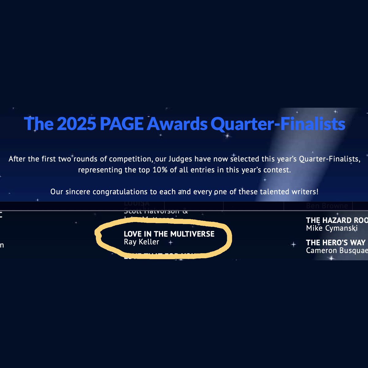🚨 More Good News! My screenplay LOVE IN THE MULTIVERSE is a Quarterfinalist in the prestigious PAGE Awards Screenplay Contest! 💫🌀

Semifinalist drop 8/15!

📩 Reps, producers, or curious creatives — DM me if you'd like to read it!

#LoveInTheMultiverse #RomCom #Stage32