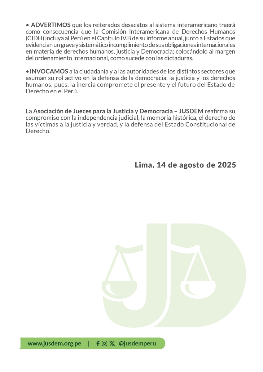 jusdemperu's tweet photo. 🚨La nueva ley de amnistía blinda a responsables de graves violaciones a los #DDHH, ignorando la dispuesto por la @CorteIDH y poniendo en riesgo casos como La Cantuta, Barrios Altos y esterilizaciones forzadas.

El Perú se coloca al margen del orden internacional. https://t.co/meBOsIagBt