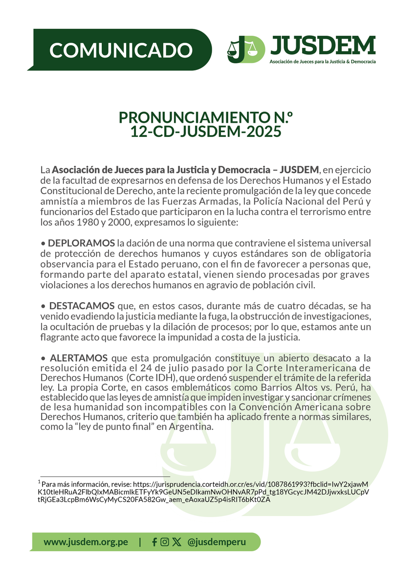 jusdemperu's tweet photo. 🚨La nueva ley de amnistía blinda a responsables de graves violaciones a los #DDHH, ignorando la dispuesto por la @CorteIDH y poniendo en riesgo casos como La Cantuta, Barrios Altos y esterilizaciones forzadas.

El Perú se coloca al margen del orden internacional. https://t.co/meBOsIagBt