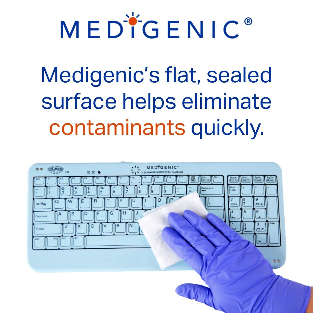medigenic's tweet image. Wiping down traditional keyboards isn’t enough. Dirt, spills, and bacteria love to hide in crevices. Medigenic’s flat, sealed surface helps eliminate contaminants. 
#CleanWorkspaces #InfectionControlMatters #MedigenicDesign