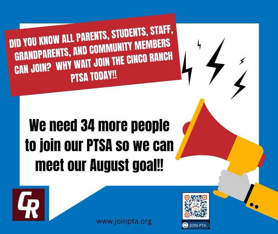 Our 2nd day of school and we already have 231 members! Thank you to ALL our amazing members for joining Cinco PTSA! 🫶🏻

Have you joined the Cinco PTSA this year? Go to joinpta.org and select Katy ISD and Cinco Ranch High School. 

#CPOE