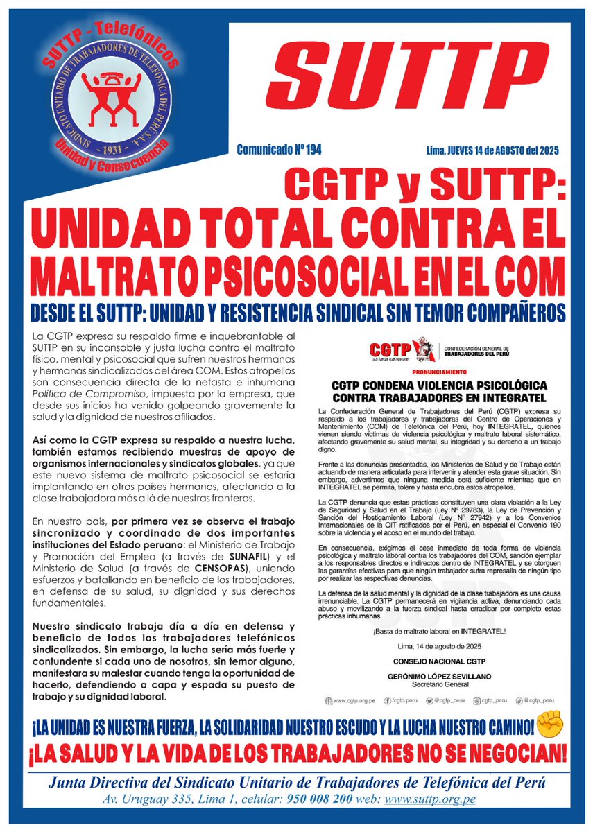Sindicato Unitario recibe el respaldo total de nuestra central matriz CGTP, así como de organismos internaciones y sindicatos globales, la unidad hace la fuerza compañeros ✊🤝👍💪