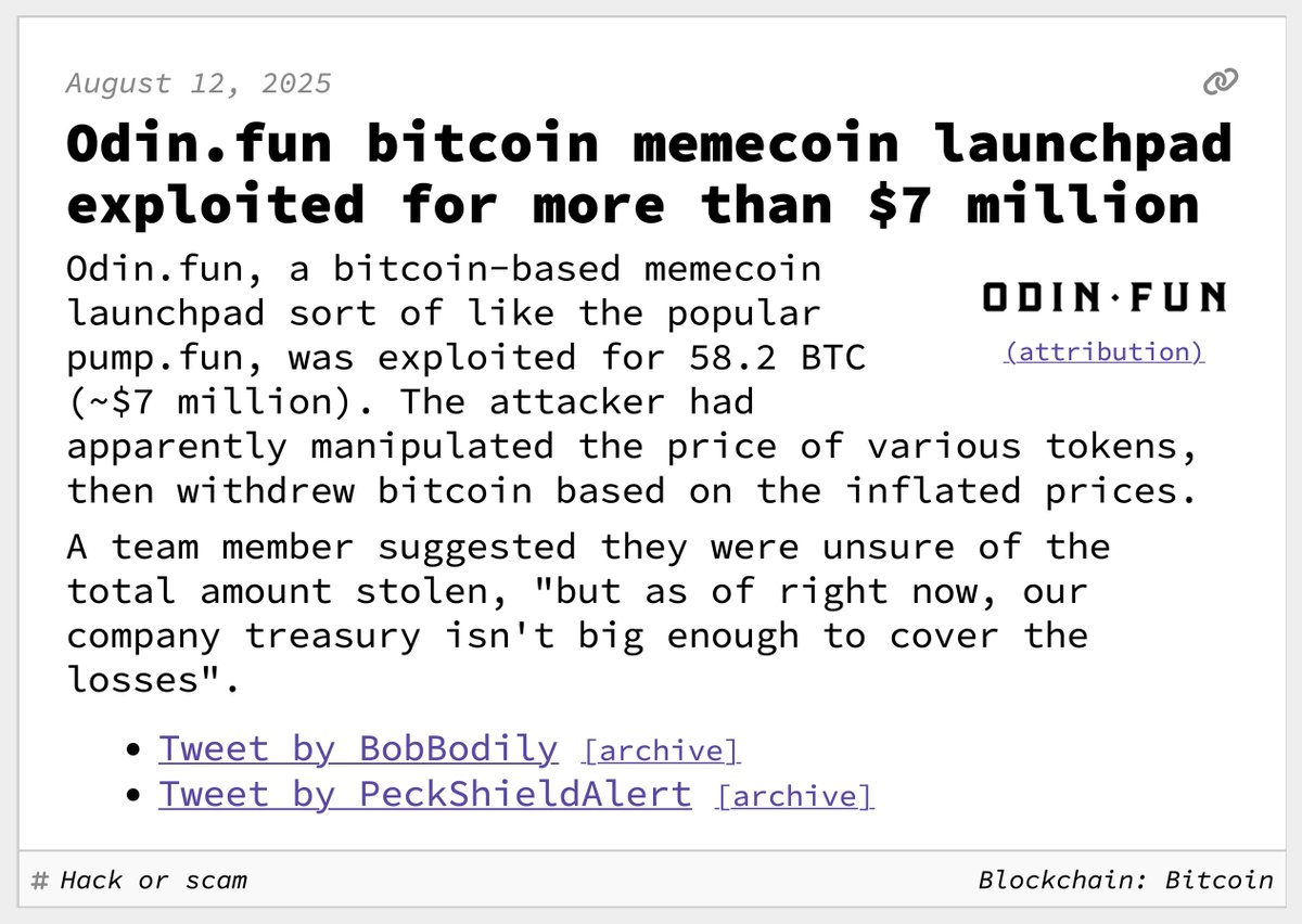 Odin​.fun bitcoin memecoin launchpad exploited for more than $7 million  August 12, 2025