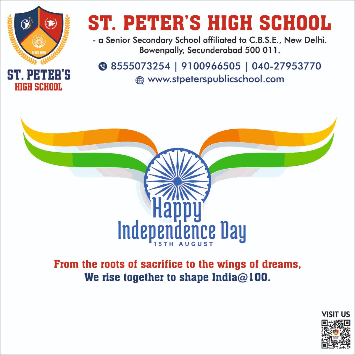 🇮🇳 *Happy Independence Day from St. Peter’s High School!* 🇮🇳

From the roots of sacrifice to the wings of dreams,
We rise together to shape India@100.

#IndependenceDay2025 #IndiaAt100
 #PeterianPride #StPetersHighSchool #NationFirst #AzadiKaAmritMahotsav