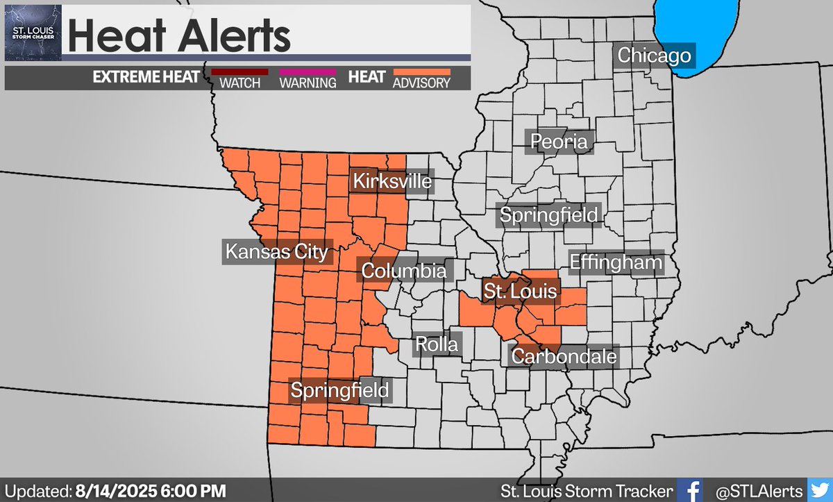 Heat Advisories are in effect across the St. Louis metro area from noon Friday through 8 p.m. Monday

Heat index vales up to 107°F will be possible across the advisory area during the afternoon/early evening hours.

#stlwx #mowx #ilwx