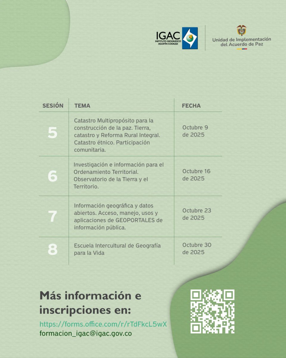 Unidad de Implementación del Acuerdo de Paz (@uacuerdopaz) on Twitter photo 📢 ¡Súmate a la construcción de una geografía para la paz! 🕊️ El @IGACColombia y la <a href="/UAcuerdoPaz/">Unidad de Implementación del Acuerdo de Paz</a> te invitan al ciclo virtual “Uso y Manejo de la Información Geográfica para la construcción de la Paz” 🌎,
📅 ¡Inscríbete! 👇
🔗tinyurl.com/InsConfGeo 📢 ¡Súmate a la construcción de una geografía para la paz! 🕊️ El @IGACColombia y la <a href="/UAcuerdoPaz/">Unidad de Implementación del Acuerdo de Paz</a> te invitan al ciclo virtual “Uso y Manejo de la Información Geográfica para la construcción de la Paz” 🌎,
📅 ¡Inscríbete! 👇
🔗tinyurl.com/InsConfGeo