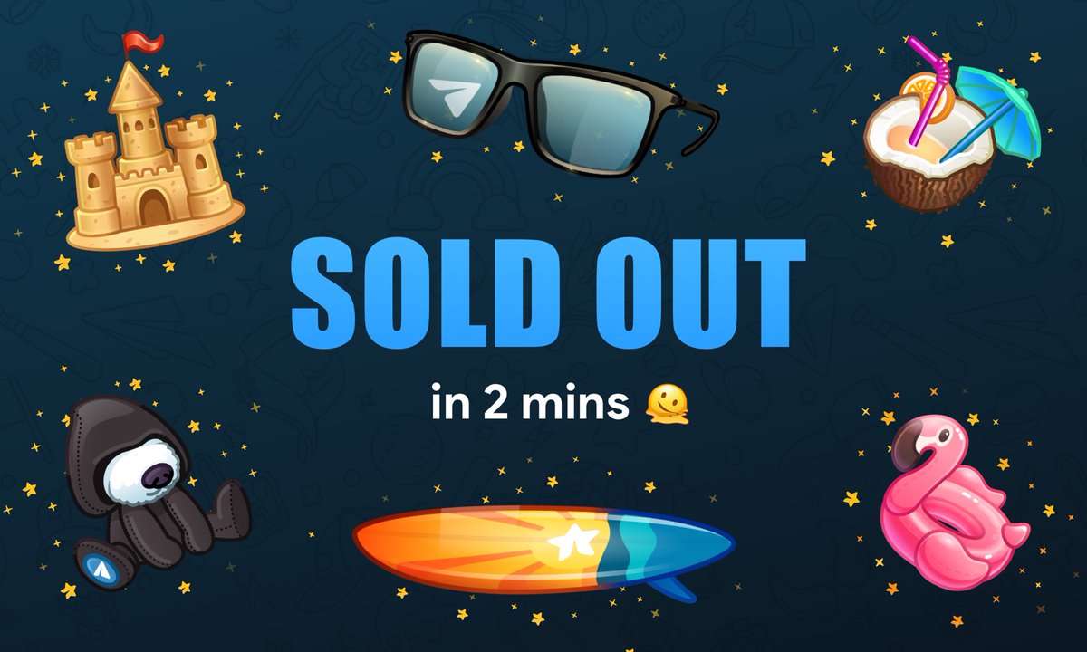 Telegram’s bday/summer NFT gifts sold out in under 3 minutes, grossing over $11M. To make this round fairer, we limited purchases of Durov’s Sunglasses (~$600, max 3 per user) and Resistance Dog (~$100, max 5 per user) to Premium users only. Still, both sold out in 15 seconds.