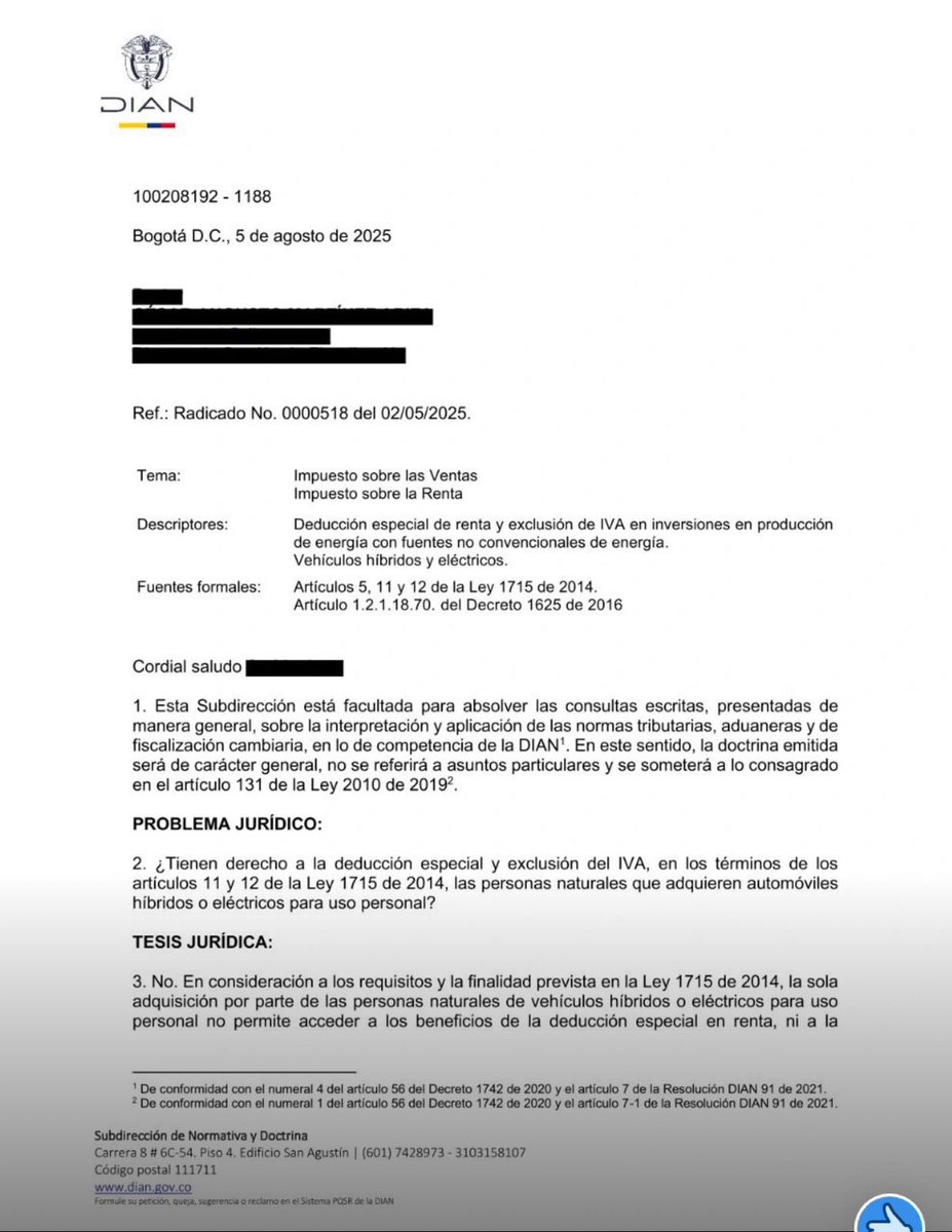 DefensoriaDIAN's tweet photo. ⚠️ La DIAN aclaró: Los beneficios fiscales de la Ley 1715/2014 no aplican para la compra de vehículos eléctricos o híbridos para uso particular por personas naturales.

#DIAN #Ley1715 https://t.co/FN3QrPXN0m