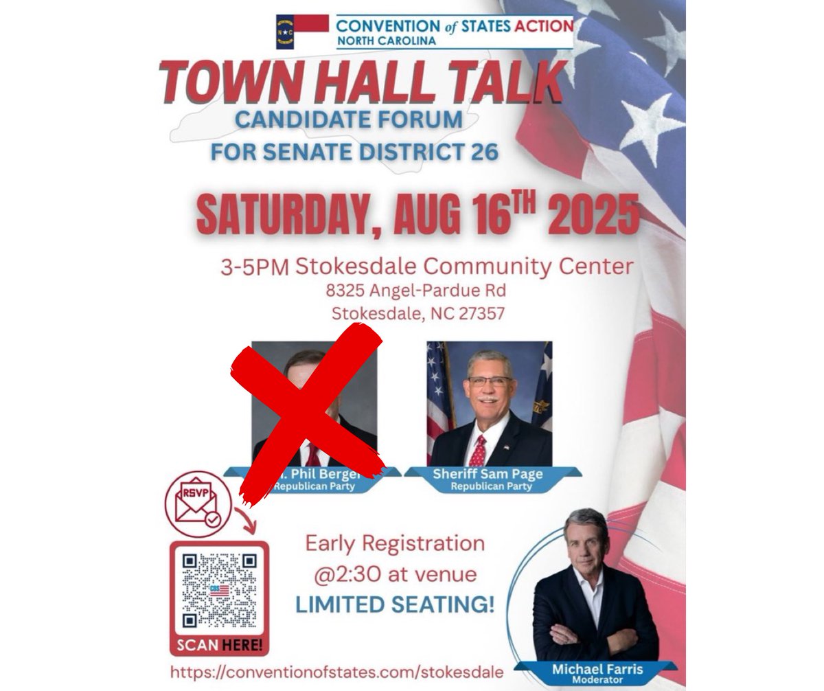 sampage4nc's tweet photo. Please come out & join me this Saturday 8/16 from 3pm-5pm at the Candidate Forum- Stokesdale Community Center 8325 Angel-Pardue Rd. Stokesdale, NC. @SenatorBerger canceled, but I will still be there for you, the voters. #ncpol #SamPageForNCSenate https://t.co/3YVum73pT2