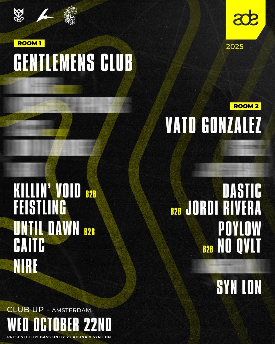 Phase 1 of our first ADE event is out now! Start the week off right with names such as Gentlemens Club, Killin' Void b2b Feistling, Vato Gonzalez and many more!

First release is on sale now. Get yours now before Phase 2 drops! 👀

Get your tickets 🎟️
lacuna.to/ade-tickets