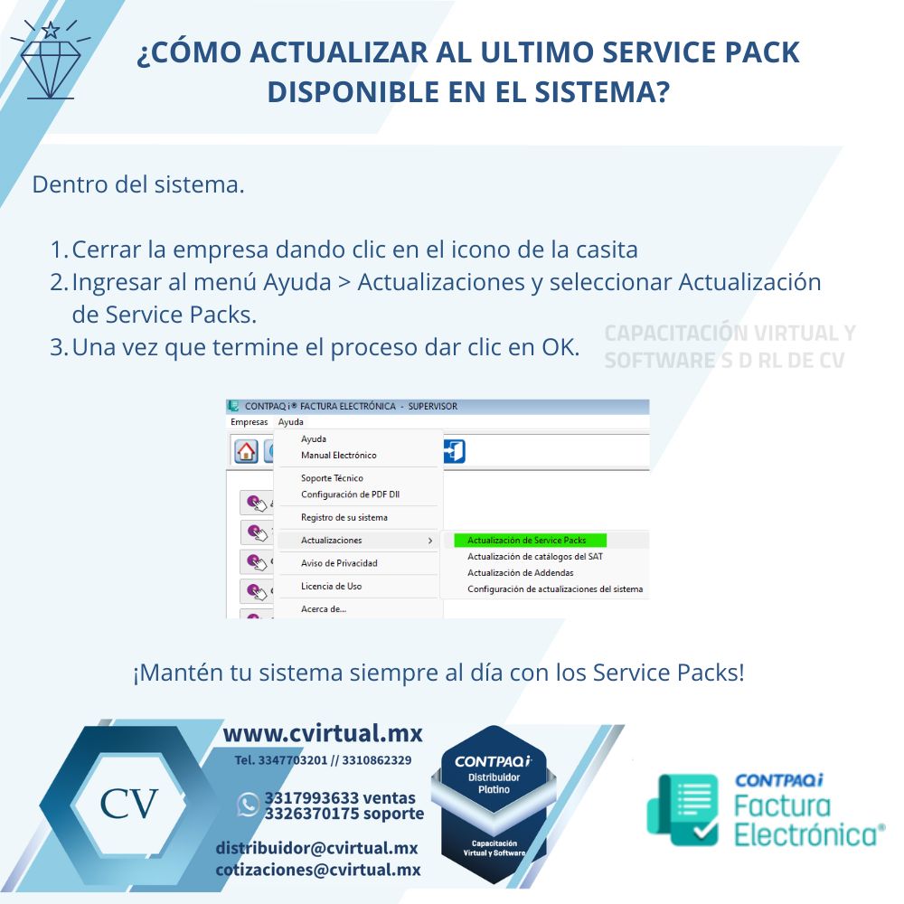 capvirtual1's tweet image. ¿Cómo actualizar al último Service pack disponible en el sistema?

#CONTPAQiFacturaElectronica #CapacitacionVirtualySoftware #ServicePack

cvirtual.mx
