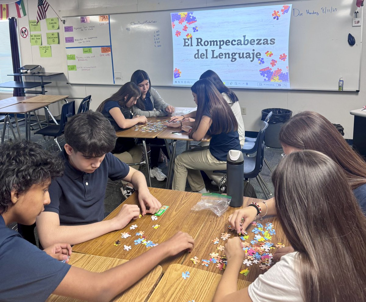 SCamacho_SRMS's tweet photo. Students built a puzzle without speaking to feel the challenge of learning a new language. Through collaboration, they saw any goal can be reached. Everyone is equally important like each piece in our course puzzle! @SRMS_Generals @ICastillo_SRMS 

Thanks @MOchoa_EHS for sharing! https://t.co/TTbkYaeNEH