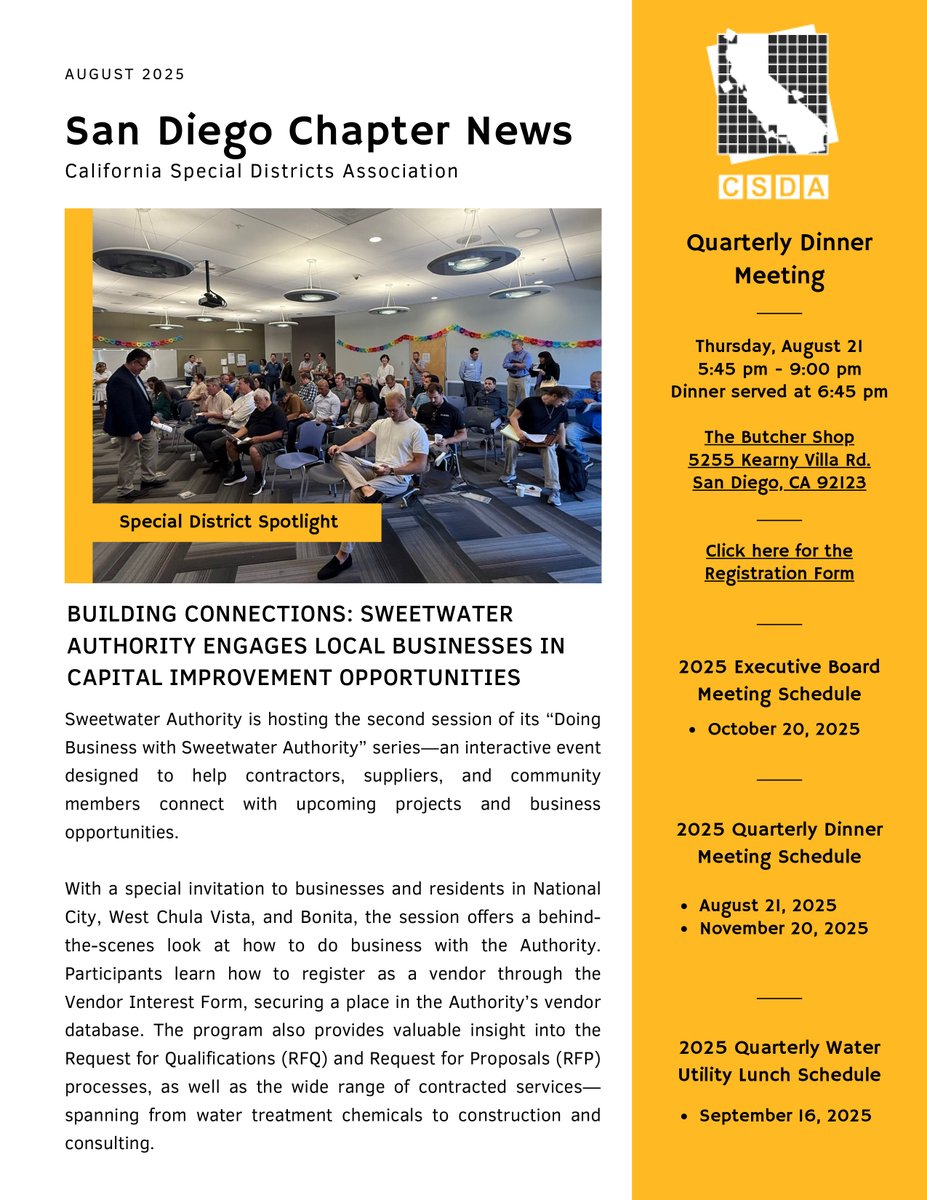 CSDASanDiego's tweet photo. Link to quarterly chapter newsletter

https://t.co/XQeTm4ZsrM

And speaking of quarterly, don't forget we have our quarterly dinner coming up in a week @ButchershopSD Thursday, August 21 at 5:45 - 9:00 pm with dinner served at 6:45 pm. https://t.co/OmEx9vUie3