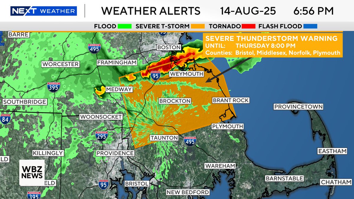 ⚠️ Severe Thunderstorm Warning for Norfolk, Plymouth, Bristol, Middlesex, Suffolk County until Aug 14 8:00PM. 

Frequent lightning, hail, and strong wind are possible in these storms.