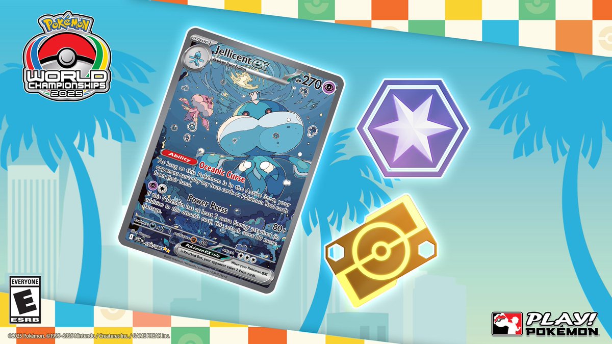 PokemonTCGLive's tweet image. In celebration of #PokemonWorlds, we've got a limited-time gift for all Trainers ⏲️

Log in to Pokémon TCG Live before August 28 to claim 2000 of both Trainer Points and Trade Credits, Anaheim-themed Avatar Cosmetics, and an all-foil deck centered around Jellicent ex!