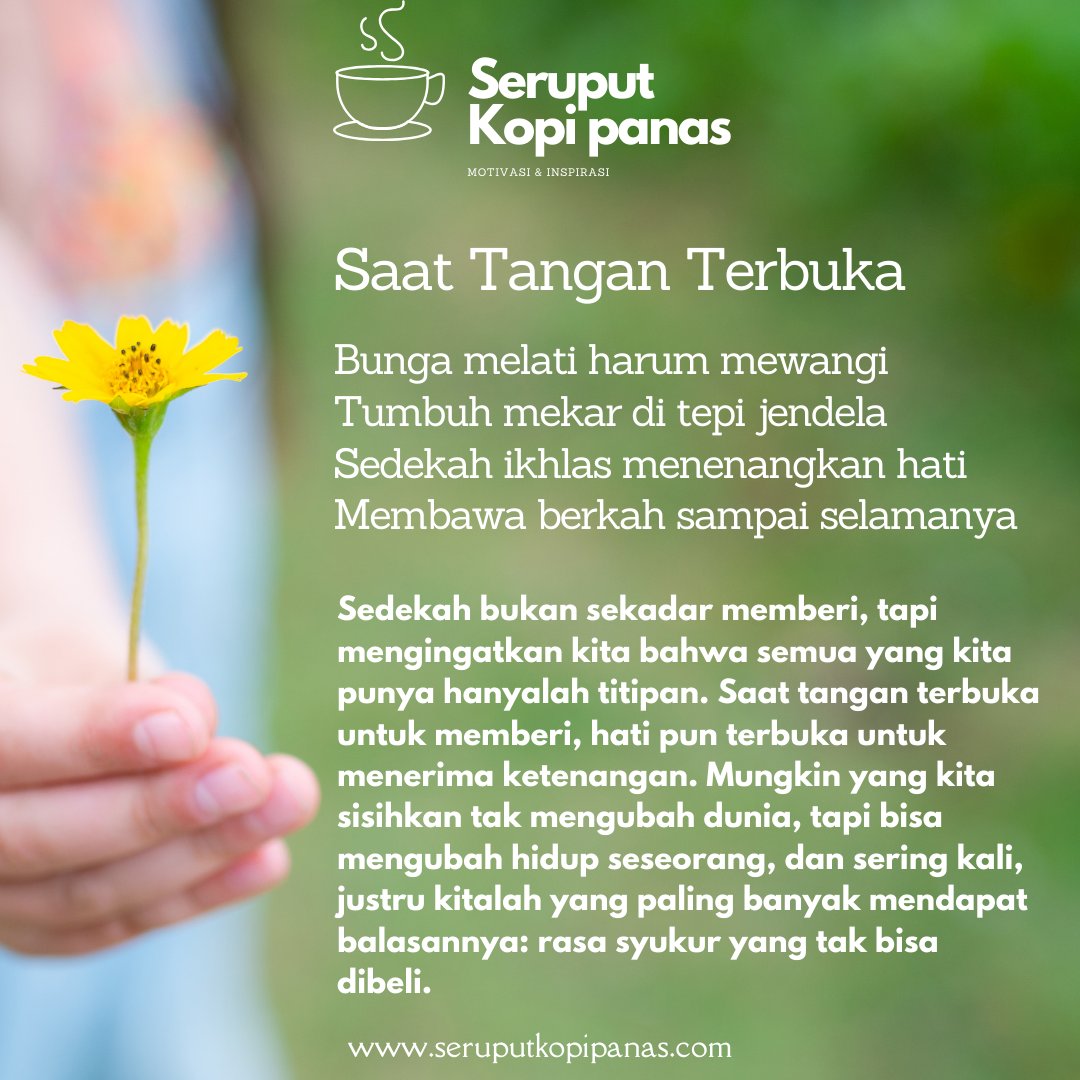 Sedekah bukan sekadar memberi, tapi mengingatkan kita bahwa semua yang kita punya hanyalah titipan. Saat tangan terbuka untuk memberi, hati pun terbuka untuk menerima ketenangan.