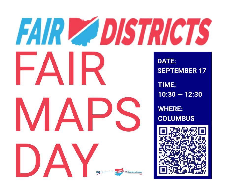 lwvohio's tweet photo. As Ohio politicians begin redrawing the congressional map, we're coming together in Columbus with voters from every US Congressional District in the Buckeye state to raise our voices in support of fair maps!

Join us for inspiring speakers, games, mapping demos, and a chance to see your favorite redistricting reformers. 

Register at the link or via the QR code: https://t.co/LgqID0rBDw