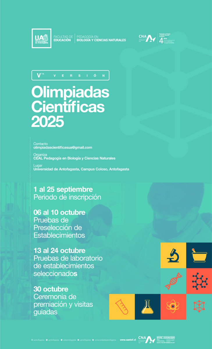 Ya viene la 5ta versión de Olimpiadas Científicas. De la Carrera de Pedagogía en Biología y Ciencias Naturales #PBCED #UA
#ANTOFAGASTA
#CIENCIA #CIENCIAESCOLAR