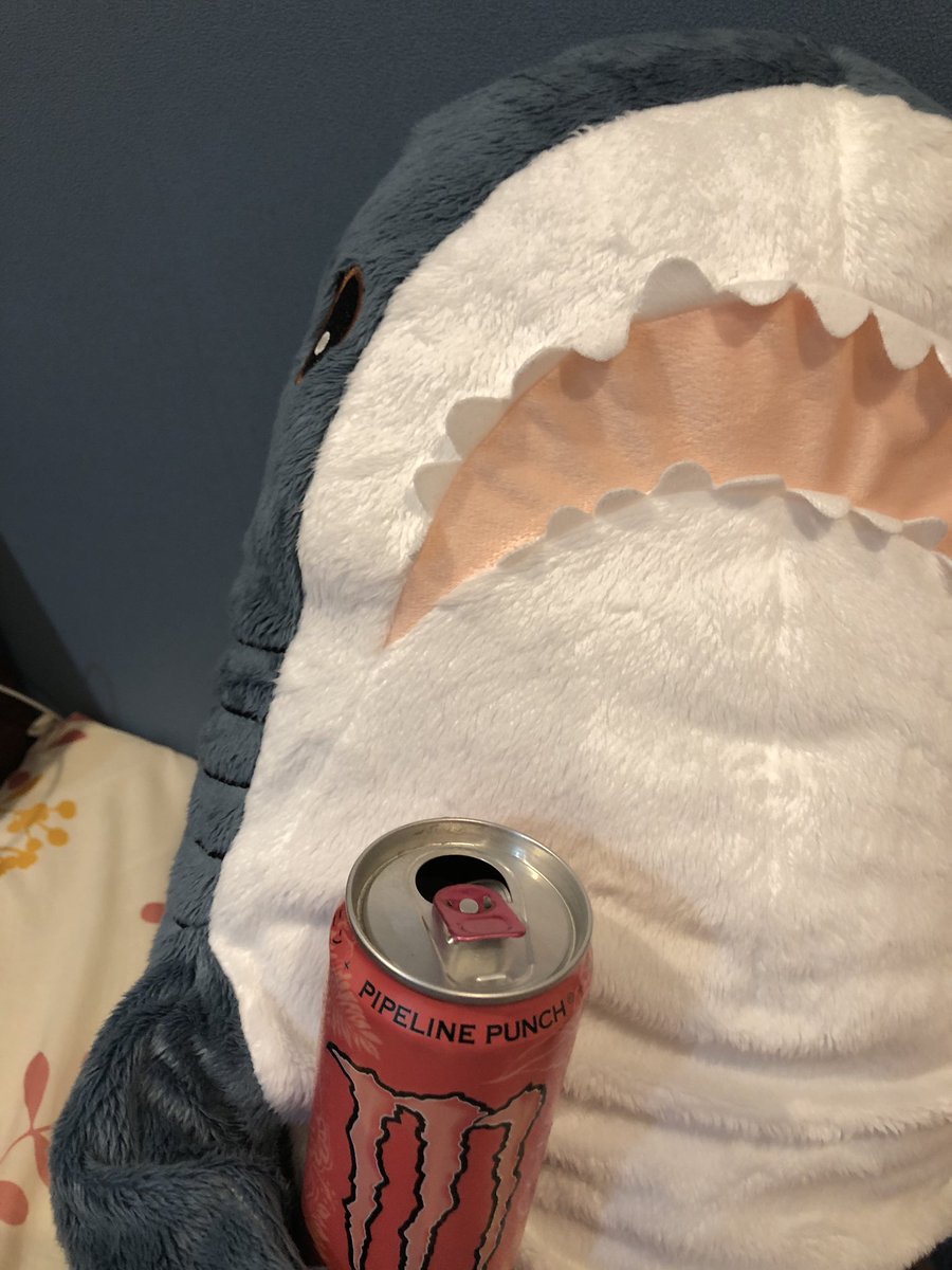 モンスター飲んでお仕事頑張ってねって応援（圧力）してくれるうちのサメちゃん🦈
 #IKEA 
  #ぬい撮り