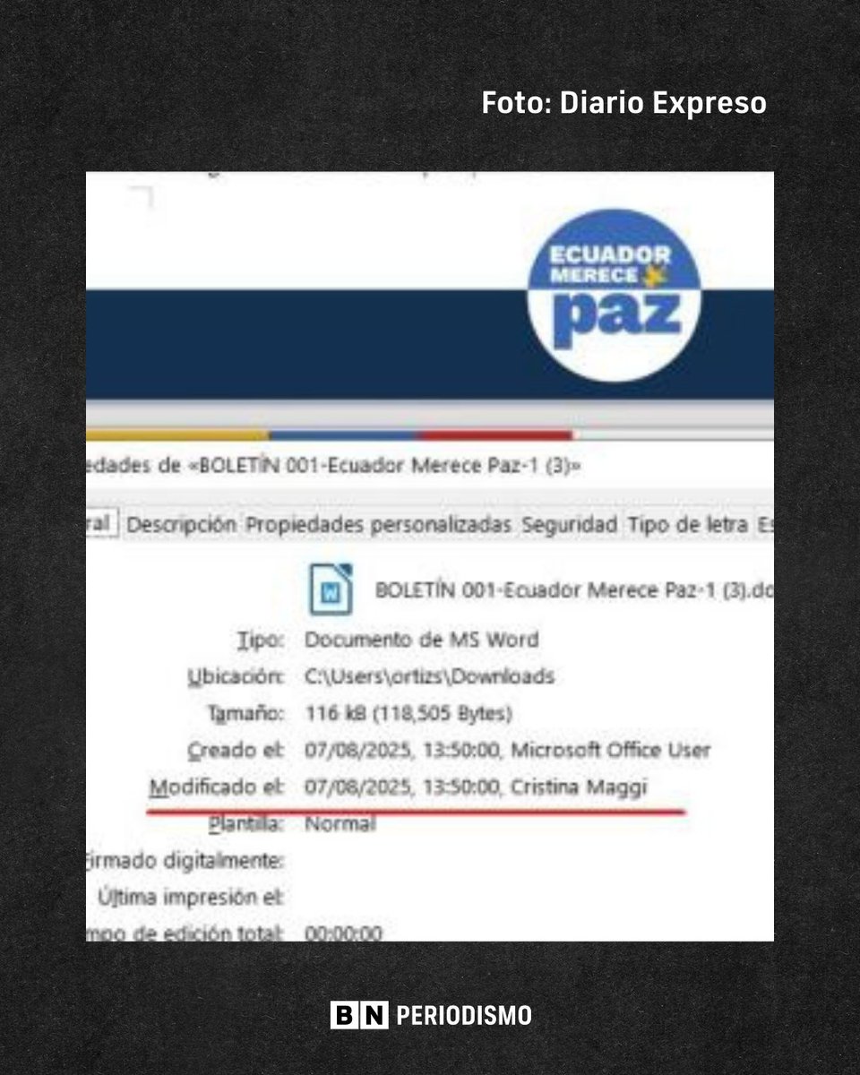 Diario Expreso reveló que un boletín de prensa atribuido al colectivo Ecuador Merece Paz, que colocó vallas y pantallas con mensajes contra la Corte Constitucional, registra en sus metadatos como autora a Cristina Maggi, nombre que coincide con el de María Cristina Maggi Gordón,