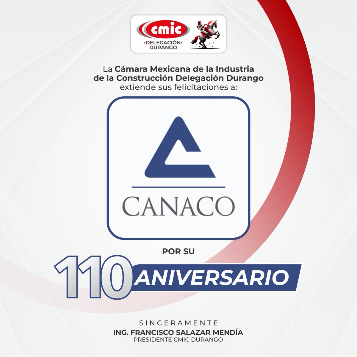 🎉 ¡Felicidades <a href="/CanacoDurango/">Canaco Durango</a> por estos 110 años de historia! 🎉

Desde la #CMIC Durango nos unimos a esta conmemoración, reconociendo su trayectoria y aportación al desarrollo económico de Durango, deseándoles muchos más años de éxitos.