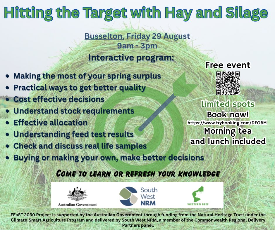 Get the best of your investment when making HAY and SILAGE! This event will help you hit the targets to deliver the best for your livestock 🐂 🐑 🐄. Book your spot 👉 trybooking.com/DEOBM <a href="/ag_southwestnrm/">South West NRM Sustainable Agriculture</a>