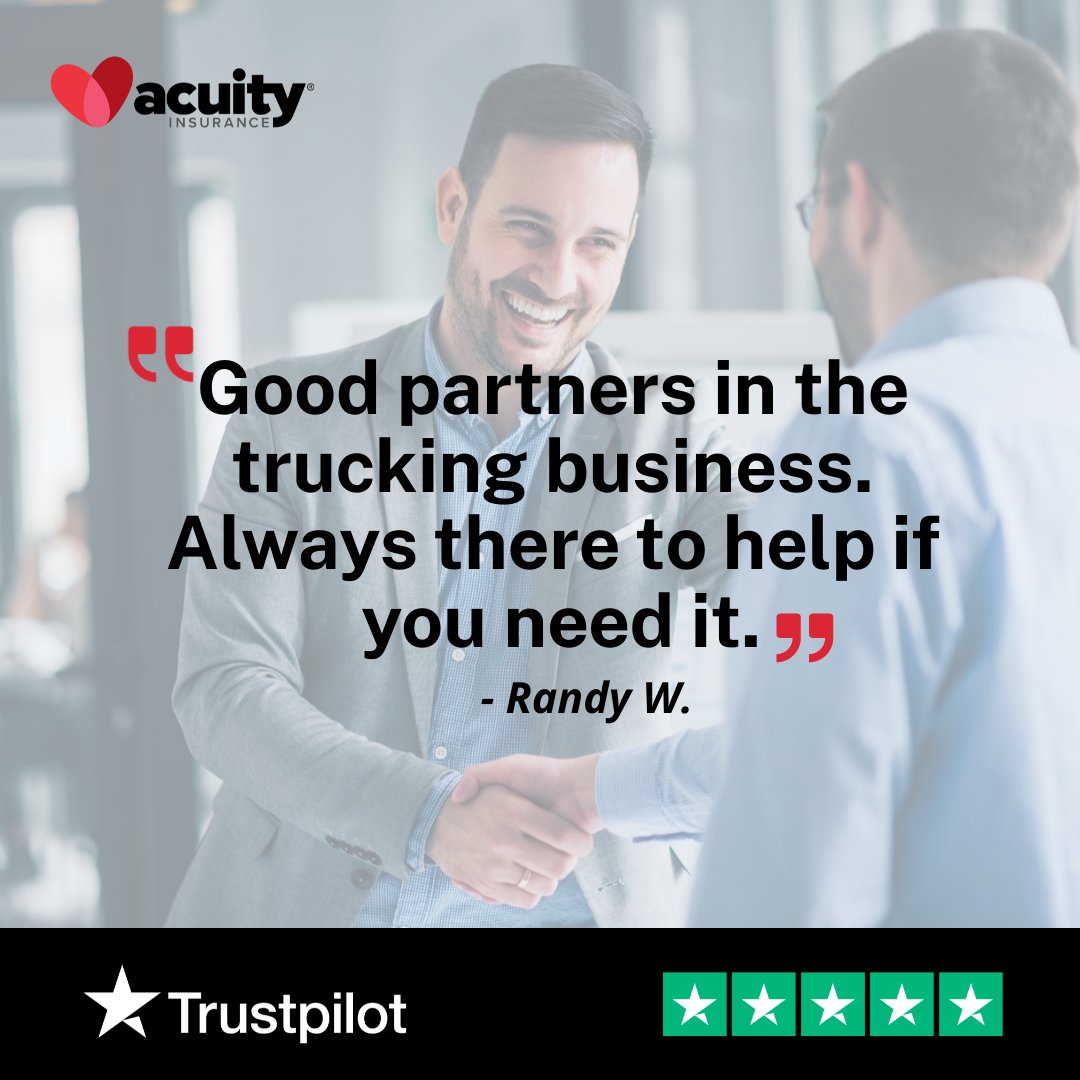 acuityinsurance's tweet image. ⭐️⭐️⭐️⭐️⭐️
“Always there to help if you need it.” – Randy W.

Trucking pros count on Acuity for real support when it matters. We’re proud to have your back. 🤝

#TruckingInsurance #TruckerLife #Trustpilot #Acuity