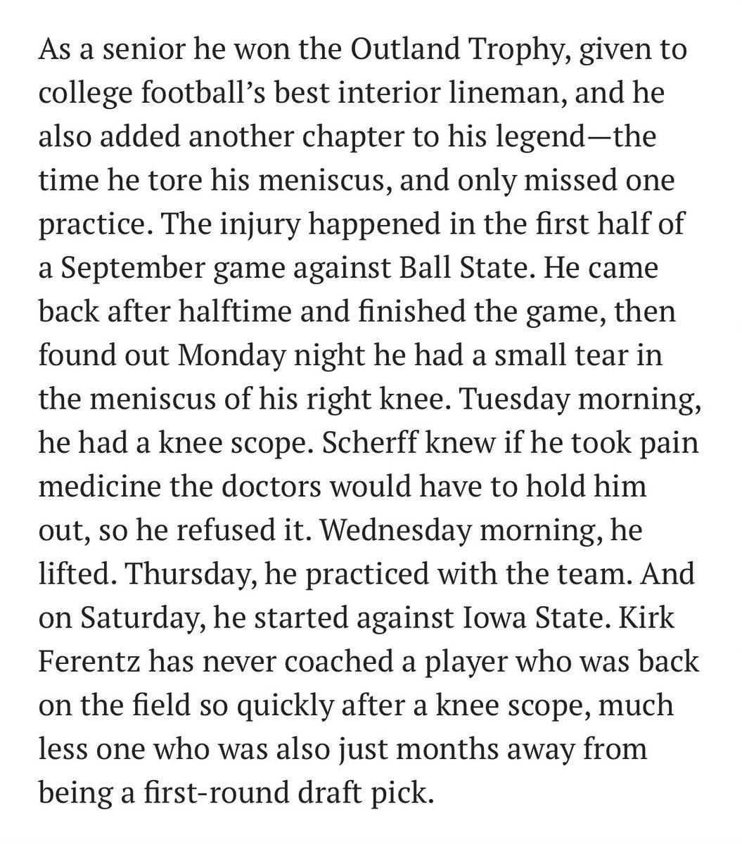 Congratulations to Brandon Scherff on one heck of a professional football career. 

When I think of him, however, I always think back to this week when he was a senior at Iowa in 2014.

To put it mildly: That’s one tough son of a bitch. #Hawkeyes