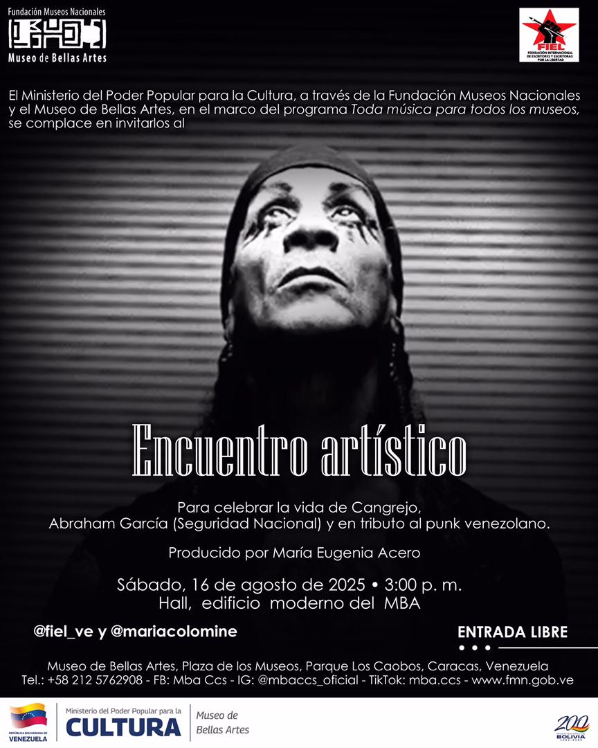 AcaCaracas's tweet photo. #AcáCaracas de tributo a ABRAHAM CANGREJO y entrada libre.
Este #Sáb #16Ago hay ENCUENTRO ARTÍSTICO en el MUSEO de BELLAS ARTES #LosCaobos en homenaje al icónico músico ABRAHAM CANGREJO🦀 ex miembro fundador de La Seguridad Nacional y pionero del punk venezolano.
⏰️ 3:00 pm. https://t.co/bQ67z60lVx