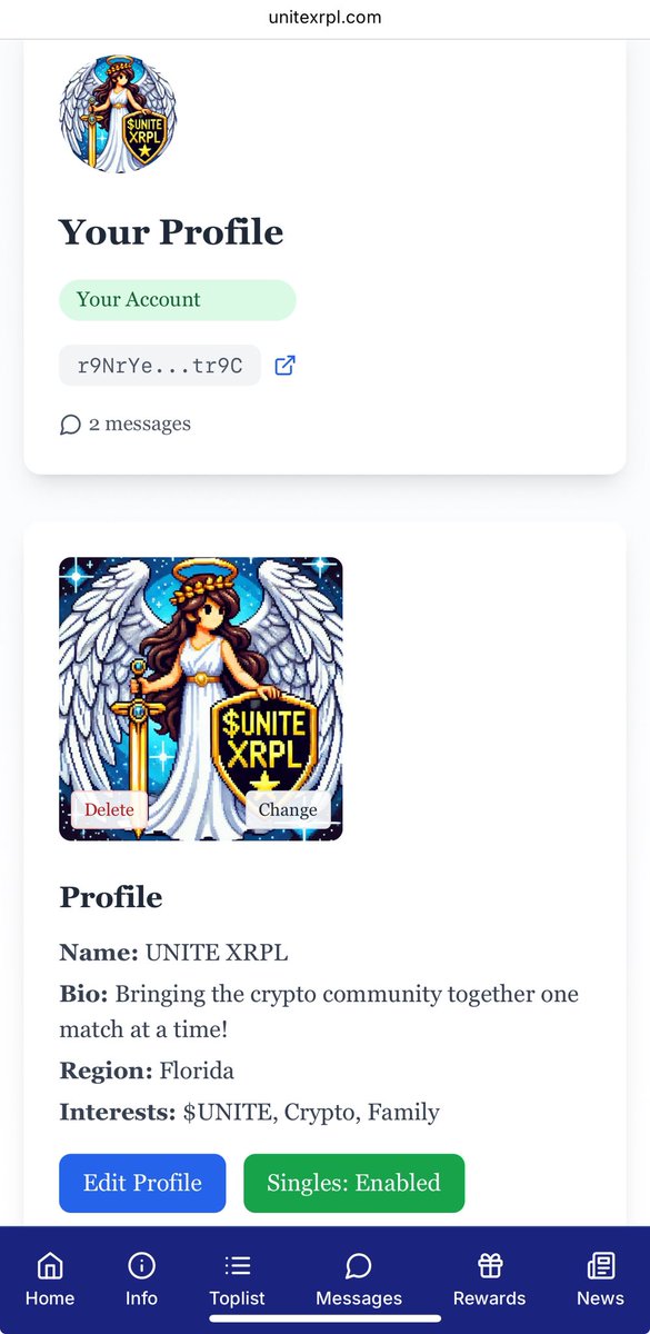 UUNITE_XRPL's tweet photo. 🚨 Update Alert 🚨 

https://t.co/kD1rbQLOs7 

Profile pics are now enabled and getting ready for Unite Singles! 

Let’s go! 

So many big things coming our way!

$UNITE everyone! https://t.co/XQf66wNTcD