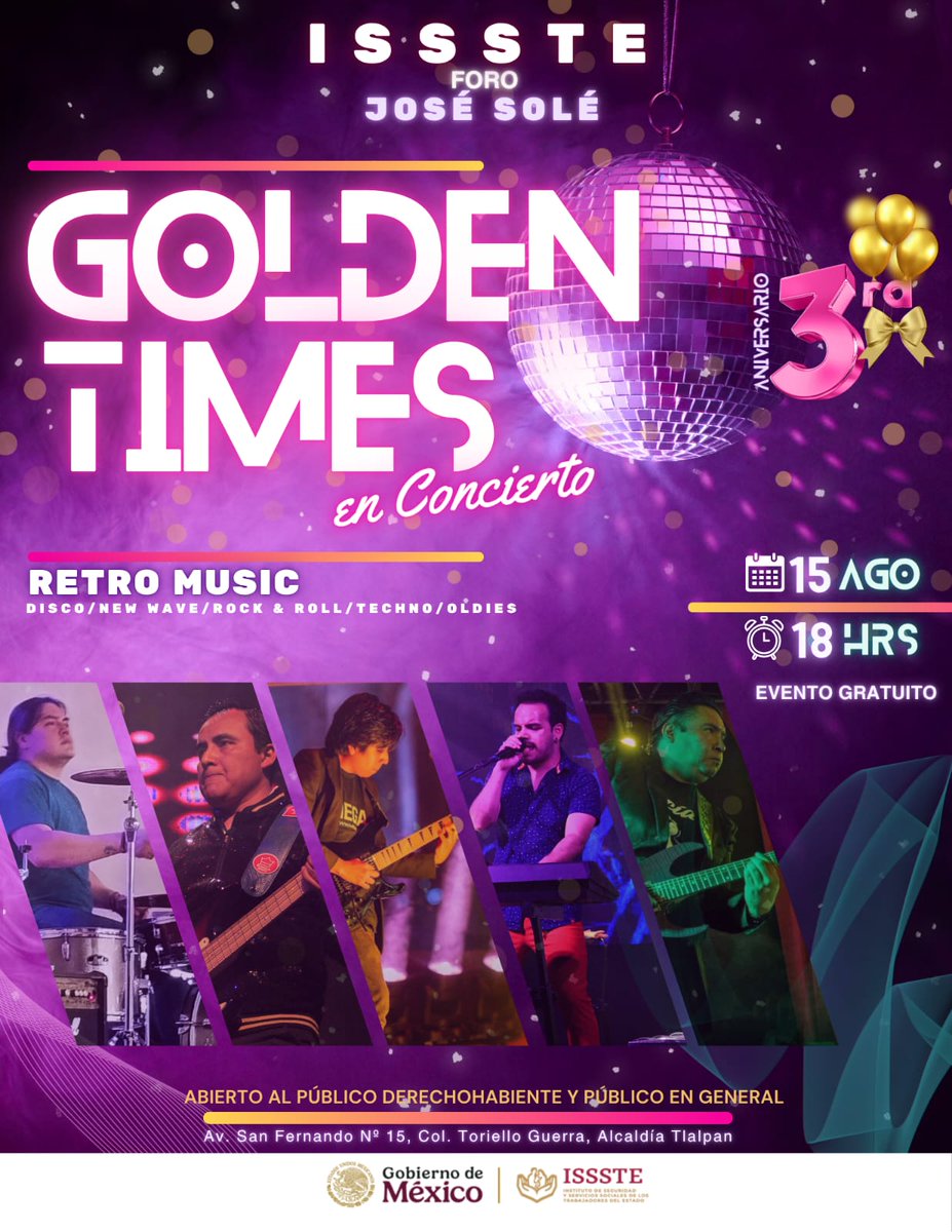 IsssteZonaSur's tweet photo. 🎶✨
📅 15 de agosto, 18:00 hrs
🎤 Golden Times en concierto con lo mejor de la música retro.
Evento gratuito para derechohabientes, trabajadores y público en general.
📍 Av. San Fernando 15, Col. Toriello Guerra, Tlalpan.
#ISSSTE #ZonaSur #TratoDigno #GoldenTimes #MúsicaRetro https://t.co/hzbgslrvqS