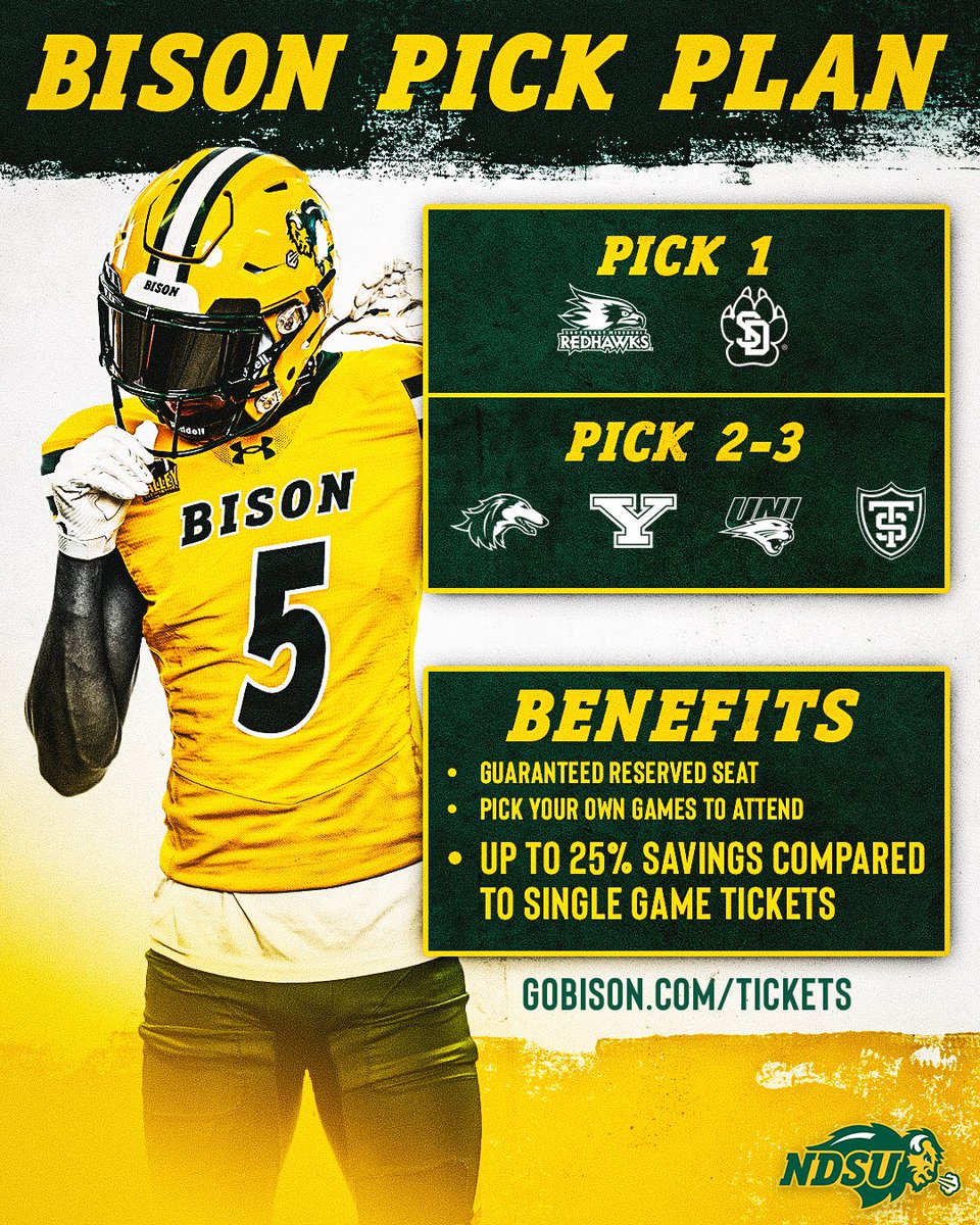 Introducing the Bison Pick Plan! Make game days your own by picking the games that matter most to you. And the best part? Save up to 25% compared to regular single-game tickets!

Start picking your plan now at GoBison.com/FB-Tix