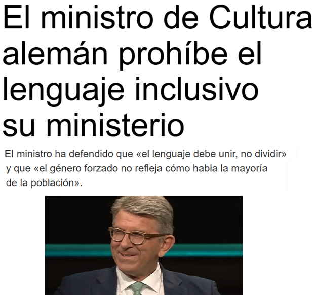 Alemania se harta del lenguaje “inclusivo”.

El Ministerio de Cultura decreta su prohibición en todos los documentos oficiales.

"Hay que respetar la gramática. No podemos destrozar nuestra lengua ni hacerla incomprensible. Basta de ese genero forzado". 

Un saludo, <a href="/IreneMontero/">Irene Montero</a>