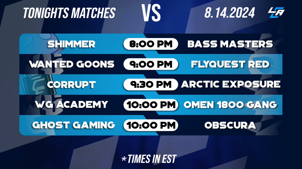 🚨 Tonight's Matches Covered by LCA!🚨

⚔️ <a href="/WGCSAcademy/">WG Academy</a> VS <a href="/OmenEsportsCS2/">Omen Esports</a> 1800
🎙️ <a href="/kayronaid/">aaron :)</a> 

⚔️ <a href="/GhostEsports/">Ghost Gaming Esports</a> VS Obscura
🎙️ <a href="/zephcasts/">ZePh</a> 

🔗: IN REPLIES