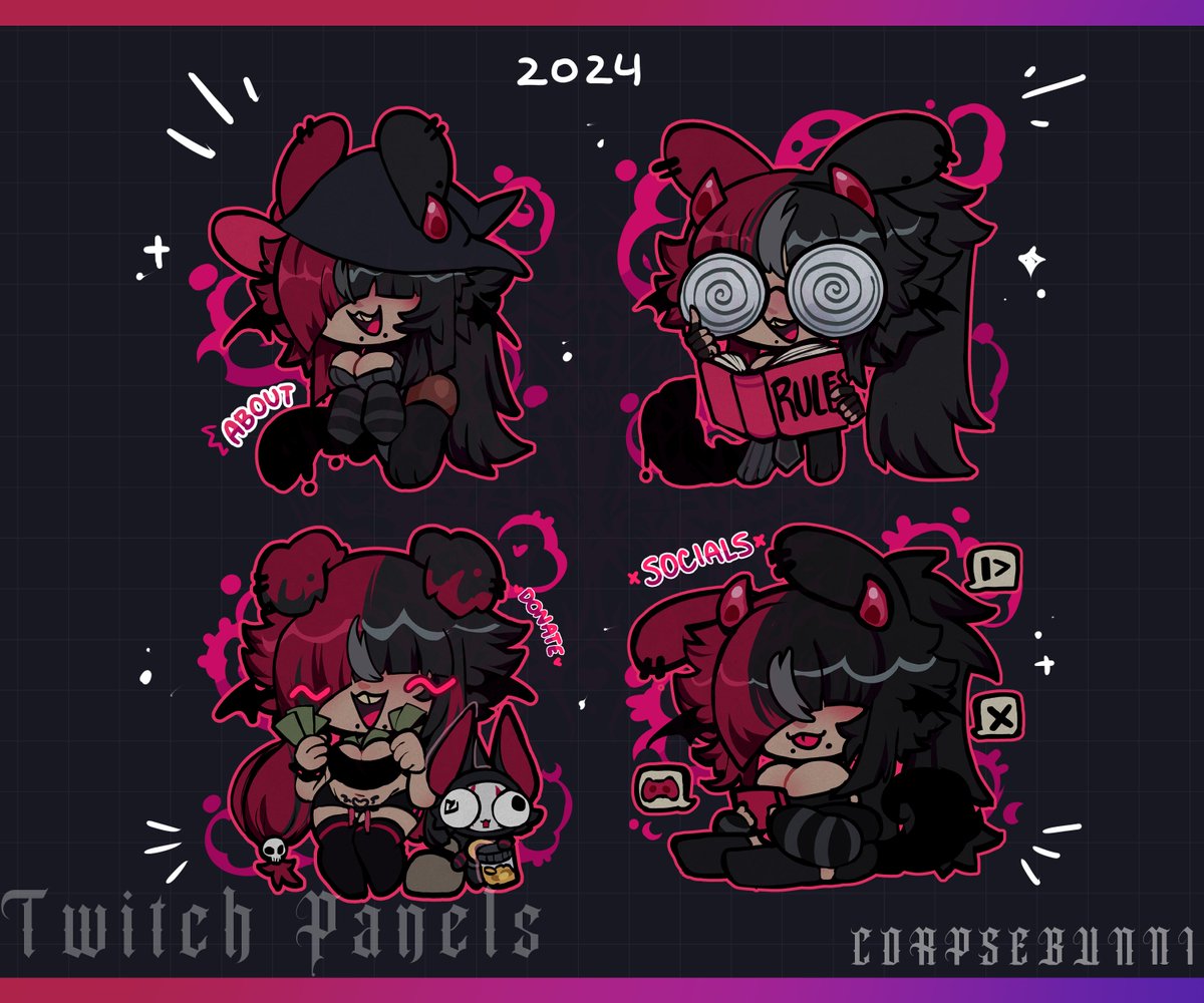 🖤TWITCH PANELS🖤
OPENING A FEW SLOTS OF THESE BACK UP

Opening price is 45usd for each and 175usd for a set of four for now 
♡ &amp; ↺ appreciated