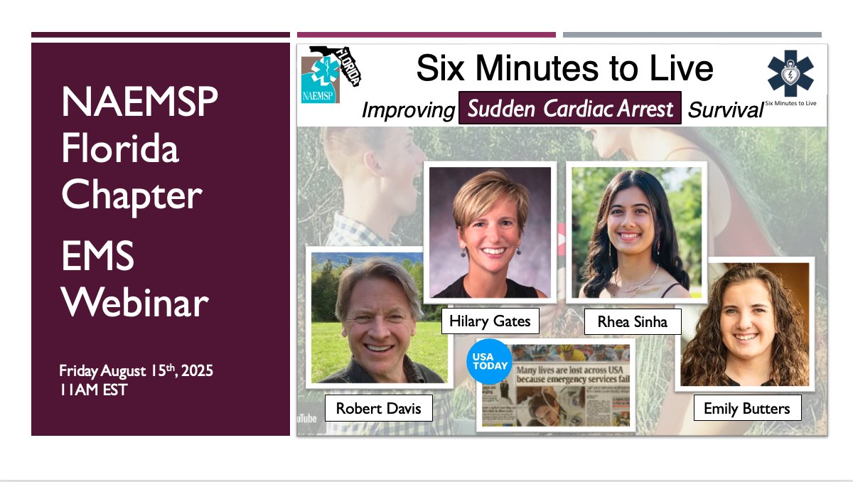 FL_NAEMSP (@fl_naemsp) on Twitter photo Join us Friday at 11AM EST to hear from Bob Davis, <a href="/gateshil/">Hilary Gates</a>, Rhea S., and Emily Butters as they share <a href="/6Min2Live/">Six Minutes to Live</a>'s latest initiatives, success stories, and ways you can help create a community ready to save a life.
Register here: us06web.zoom.us/meeting/regist… Join us Friday at 11AM EST to hear from Bob Davis, <a href="/gateshil/">Hilary Gates</a>, Rhea S., and Emily Butters as they share <a href="/6Min2Live/">Six Minutes to Live</a>'s latest initiatives, success stories, and ways you can help create a community ready to save a life.
Register here: us06web.zoom.us/meeting/regist…